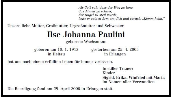 Wachsmann Ilse Johanna 1913-2005 Todesanzeige